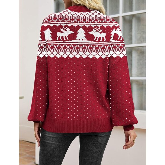 Zeagoo Women's Red-elk Long Sleeve Pullover Ribbed Knitted Pattern Sweater - Picture 2 of 4